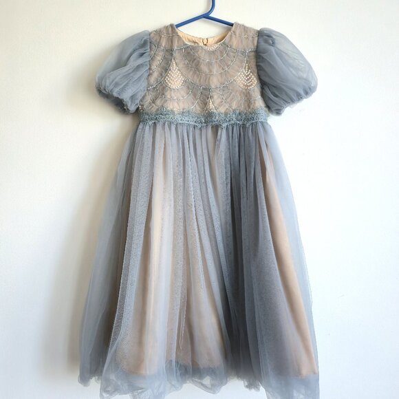 Trish Scully Child Dusty Blue Sequin Tulle Dress With Puff Sleeves | Size 5 - Picture 1 of 9